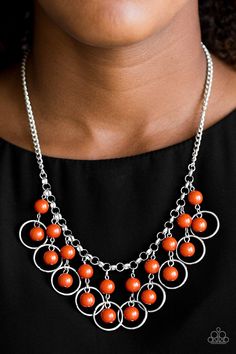 Polished orange beads and shimmery silver hoops drip from the bottom of a glistening silver chain, creating a playful fringe below the collar. Features an adjustable clasp closure. Sold as one individual necklace. Includes one pair of matching earrings. P2WH-OGXX-185XX Short Silver Necklace, Paparazzi Accessories Jewelry, Orange Necklace, Paparazzi Accessories, Pink Beads, Paparazzi Jewelry, Rococo, Silver Hoops, Necklace Earring Set