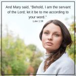 a woman standing in front of trees with a bible verse above her head and an image of mary said, i am the servants