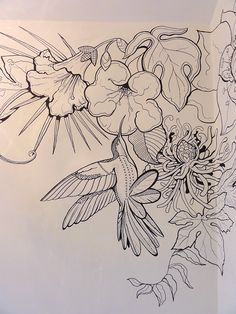 a drawing of a hummingbird and flowers