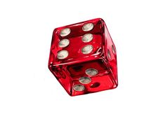 two red dices with six silver coins on each side and one is facing the opposite direction