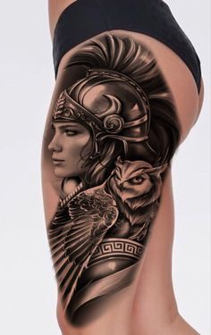 Athena Tattoo Design Greek Mythology, Norwegian Tattoo, Sarah Tattoo, Finger Tattoos Words, Athena Tattoo, Female Warrior Tattoo, Side Thigh Tattoos, Dragon Tattoo Ideas, Half Sleeve Tattoos Drawings