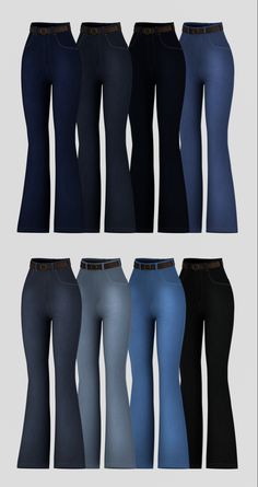 six pairs of women's jeans in different colors and sizes, all with high waist