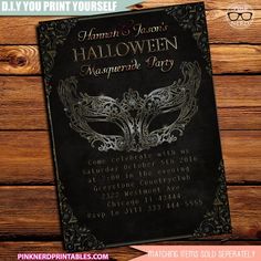 a black and gold masquerade party card with a mask on it's front