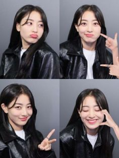 four different pictures of a woman making the peace sign with her fingers and smiling at the camera