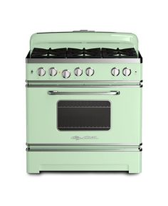 a green stove with four burners and two oven doors on the front, side by side