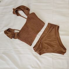 Solid Tankini Set Ruffle Trim Smocked Tank Top & Ruched Tummy Control Panty 2 Piece Bathing Suit. Coffee Brown Color. Size M. New, Never Worn. Tags Off. Stretch Smocked Top With Ruched Detail For Beach, Brown Fitted Smocked Summer Top, Fitted Brown Smocked Top With Smocked Back, Brown Bathing Suit, Coffee Brown Color, Tankini Swim Tops, Tankini Set, Coffee Brown, Tankini Top