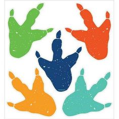 four different colored hand prints on a white background, each with an individual's hands