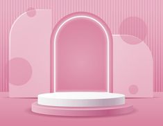 a pink room with an arch and round base