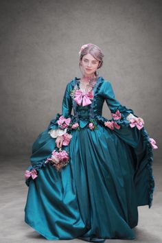 Emerald Green Floral Adorned Rococo Style Dress with Majestic Opulence and Victorian Ball Gown Flourish Plus Size - WonderlandByLilian Rococo Gown, Victorian Items, Victorian Style Wedding Dress, Emerald Fabric, Antique Wedding Dresses, Victorian Ball, Victorian Style Wedding, Rococo Dress, Nontraditional Wedding Dress