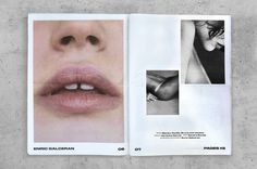 an open magazine with photos of lips and nose