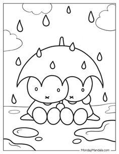 an umbrella and two babies sitting in the rain coloring page for kids to print out