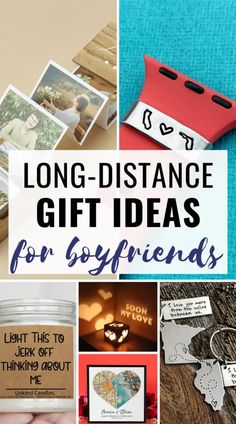 the words long - distance gift ideas for boyfriends are shown in this collage