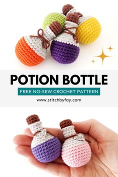 a hand holding three small crocheted bottles with the words, potton bottle free no - sew crochet pattern