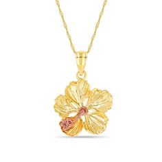 14k solid gold two tone Hibiscus flower pendant on 18" solid gold chain.  pendant measures approx 3/4" by 3/4". high polish finish. chain is 18". Hibiscus Flower Necklace, Hibiscus Necklace, Gold Chain Pendant, Summer 2025, Solid Gold Chains, Hibiscus Flower, Hibiscus Flowers, Chain Pendant, Pretty Jewellery