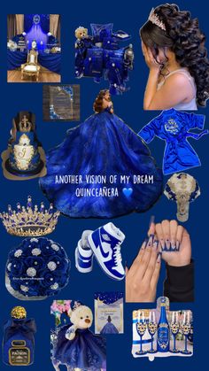 a collage of blue and white items with the words, another vision of my dream quincera