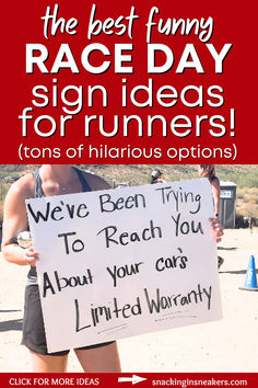 A woman holding a funny sign at a running race with a text overlay. Signs For Triathlons, Bike Race Signs Funny, Funny Cross Country Signs, Race Signs Funny, Marathon Sign Ideas