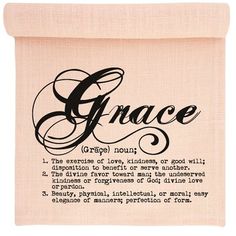 an embroidered wall hanging with the words grace on it, in black and white lettering