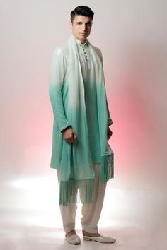 Shop for Jubinav Chadha Green Sequin Embroidered Kurta Set for Men Online at Aza Fashions Potli Button, Ombre Green, Kurta Set For Men, Sequins Fabric, Dhoti Pants, Indian Groom, Groom Wear, Green Ombre, Green Sequins