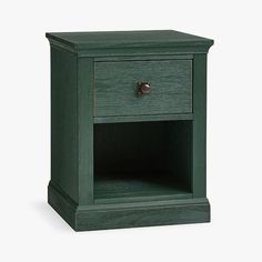 a green wooden night stand with one drawer open