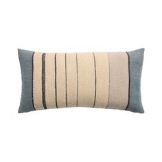 a striped pillow on a white background with black and grey stripes in the middle,