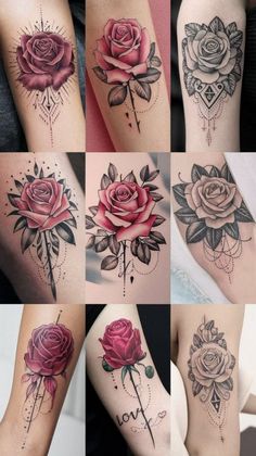 many different types of tattoos on the arms and legs, all with roses in them