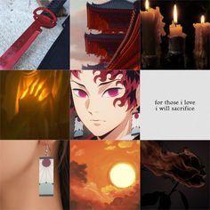 a collage of images with candles and anime characters on them, including an image of a woman's face