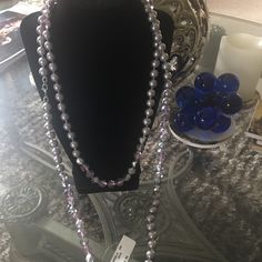 Chic Mixed Gray Pearls & Purple Clear Stones 27in Long Double As A Choker Excellent Condition Nwt!!! Elegant Long Purple Necklace, Purple Single Strand Beaded Necklace, Purple Round Bead Necklace For Formal Occasions, Formal Purple Necklaces With Round Beads, Formal Purple Beaded Necklaces, Purple Beaded Necklaces For Formal Occasions, Pearl Purple, Long Necklaces, Clear Stone