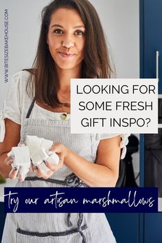 a woman is holding some food in her hands with the words looking for some fresh gift inspo?