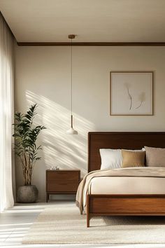 a bedroom with a bed, two nightstands and a potted plant