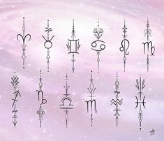 the zodiac signs are drawn in black ink on a pastel pink background with stars