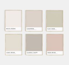 six different shades of beige, white and gray paint in four squares with the names of each