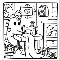 a black and white drawing of a cartoon character sitting in front of a fire place