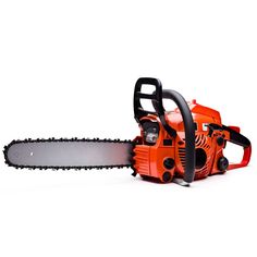 an orange chainsaw on a white background with clippings to the front and side