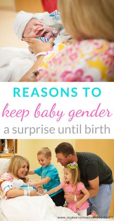 a woman and two children in bed with the caption saying, 5 reasons to keep baby gender a surprise until birth