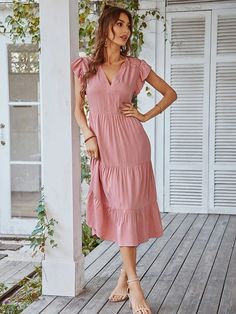 Experience the perfect blend of style and comfort with our Midi Ruffled Sleeves V-Neck Summer Dress. Its flowy silhouette and ruffled sleeves add a touch of femininity, while the v-neckline flatters your figure. Perfect for any summer occasion, this dress will keep you looking and feeling your best! FEATURES Bohemian Mini Dress, Solid Color Dress, Color Dress, Ruffled Sleeves, Maxi Dresses Casual, Comfortable Dress, Stunning Dresses, V Neck Dress, Boho Dress