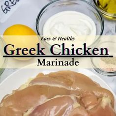 the ingredients for greek chicken marinade on a white plate