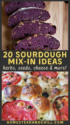 several different types of breads and pastries with the words 20 sourdough mix - in ideas herbs, seeds, cheese & more