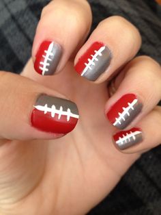 Ohio State Football Nails, Ohio State Nails Buckeyes, Osu Nails Buckeyes, Ohio State Buckeyes Nails, Football Nails Acrylic, Ohio State Nails Designs, Soccer Nails Design, Football Nails Design, Ohio State Diy