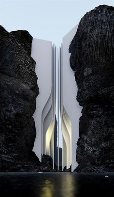 an artistic rendering of a futuristic building in the middle of some rocks and water with its doors open