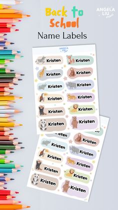 the back to school name labels are shown with colored pencils in front of them