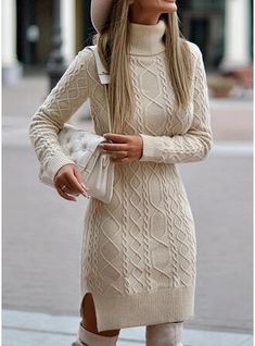 Loose Knit Dress, Cotton Knitting, Long Sleeve Turtleneck Dress, Knitted Jumper Dress, Sweater Dress Casual, Split Hem Dress, Vogue Knitting, Winter Chic