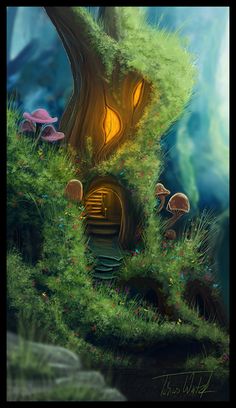 a painting of a tree house in the middle of a forest with mushrooms growing out of it