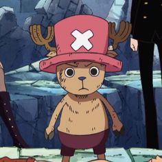 an animated image of a person standing in front of a cartoon character wearing a hat