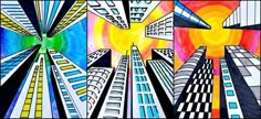 an abstract painting of skyscrapers with colorful colors and lines in the middle, on a black background