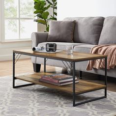 a living room with a gray couch, coffee table and books on the end tables