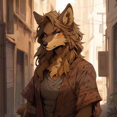 Anthropomorphic female brown wolf standing in street. Wolf Person Character Design, Anthro Dog Character Design, Wolf Goddess, Female Werewolves, Roleplay Characters, Dog People, Comic Book Artists, Creature Art