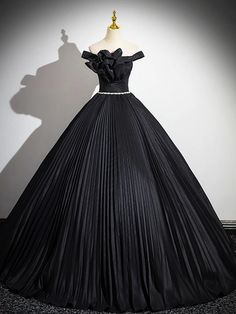 Classic Black Pleated Off-Shoulder Ball Gown Elegant Off-shoulder Ball Gown For Formal Events, Off-shoulder Ball Gown For Party, Strapless Gown With Ruffles For Banquet, Strapless Ruffle Gown For Banquet, Black Fitted Ball Gown With Ruffles, Fitted Black Ball Gown With Ruffles, Prom Off Shoulder Dress With Ruffles, Black Fitted Ruffle Ball Gown, Prom Off-shoulder Ruffle Dress