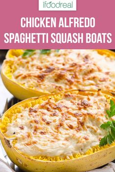 chicken alfredo spaghetti squash boats with text overlay