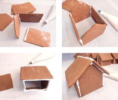 four pictures showing how to make a gingerbread house