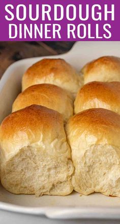 a close up of rolls in a pan with text overlay that reads sourdough dinner rolls